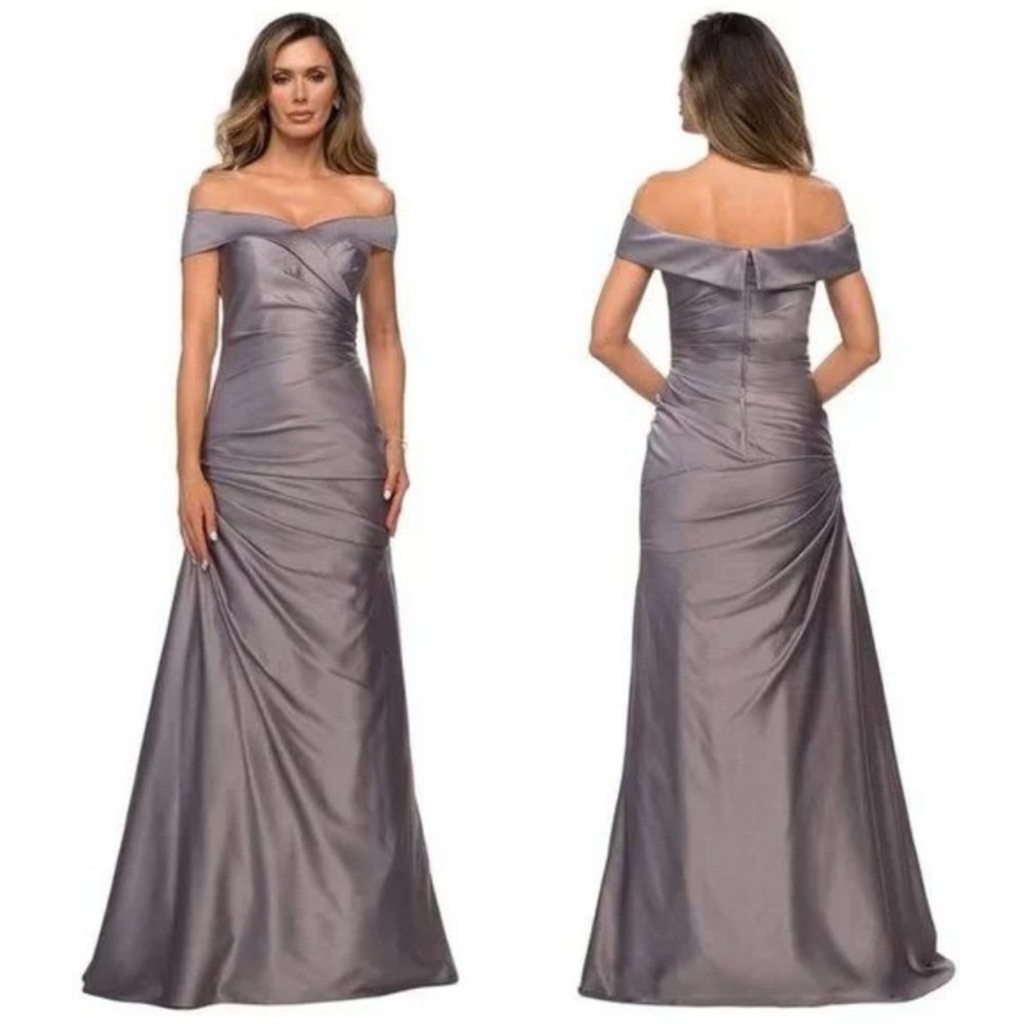 La Femme Pleated Off The Shoulder Ruched Satin Trumpet Gown Platinum Size 14 Nwt